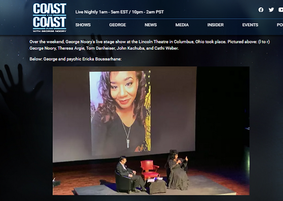 Coast to Coast AM article showing George Noory on stage with psychic Ericka Boussarhane