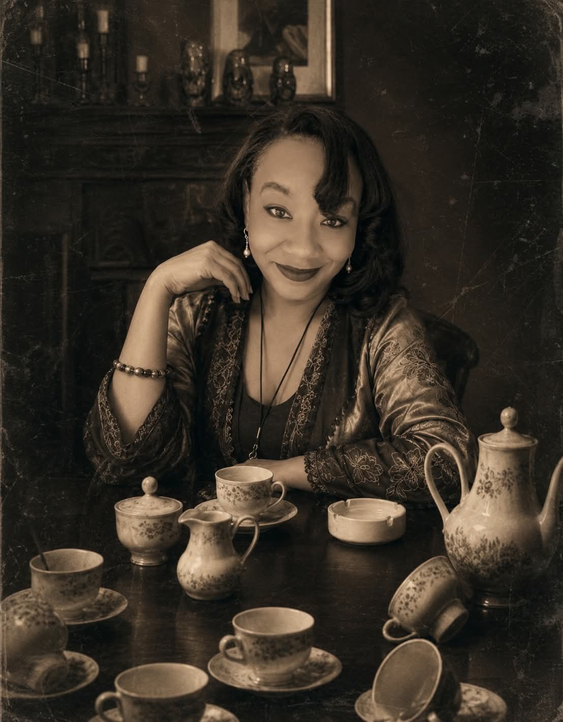 Ericka Boussarhane seated at a vintage tea table in a sepia-toned portrait